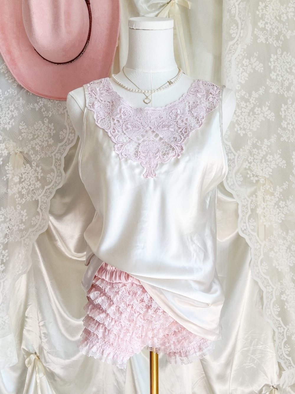 Ivory Satin Cami with Pink Blush Lace